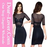 Striped Mesh Bodycon Dress with Decor Waist