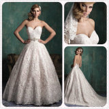 Elegant Ivory Lace Strapless Vintage Satin Gown Wedding Dress (Dream-100035)