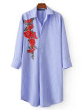 Blue Striped Flower Embroidered Applique Shirt Dress
