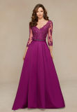 Long Sleeve Wine Beading Lace and Satin Ladies Evening Dress