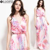 Ladies Summer Printed Long Chiffon Dress with Wrapped Front