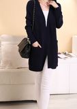 Western Style Ladies Long Cardigan Pure Color Casual Knit Sweater