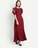 Customized Women Maroon Ruffle Maxi Long Dresses Wholesale