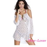 Fashion White Cold Shoulder Lace Beachwear