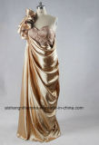 Champagne Colored Side-Drapped Skirt One Shoulder Evening Dress