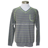 Men Knitted V Neck Long Sleeve Casual Sweater with Color Stripes and Overlocks