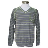 Men Knitted V Neck Long Sleeve Casual Sweater with Color Stripes and Overlocks