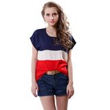 Casual Short Sleeve Plus Size Loose Women Shirt Color Block Blouse