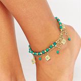 Lucky Kabbalah Fatima Hamsa Hand Blue Flowers Anklet