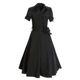 Cocktail Evening Clothes Plain Black Long Dress with Belt Formal Shirt Dresses