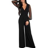 Fashion Black Embellished Cuffs Long Mesh Sleeves Jumpsuit