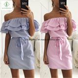 Newest off-Shoulder Flounce Striped Slim Fashion Ladies Dress with Belt