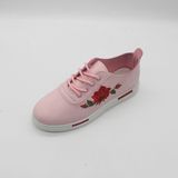 Pink Soft PU Lace up Women Flat Shoes with Embroidery