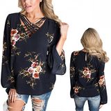 Fashion Women Leisure Casual Printed Cross-Belt Flare Fleeve Blouse