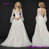 Deep V-Neckline with Low Scoop Back Floral Wedding Dress with Butterfly Sleeves