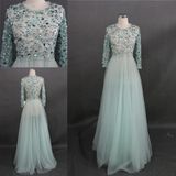 Heavy Beading Crystal Stones Light Blue Long Sleeves Evening Gown