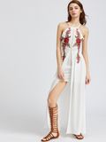 New Designs Criss Cross Back Appliques Layered Halter Slip White Chiffon Dresses