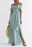 Cold-Shoulder Gingham Cotton and Silk-Blend Maxi Plaid Split Dress