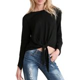 Black Blouse Tie-Waist Crop Top Summer Casual Long Sleeve Shirt