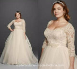 3/4 Sleeves Bridal Gowns Plus Size Lace Bodice Tulle Organza Custom Wedding Dress Ya109
