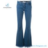 Fashion Women Stone Wash Blue Cotton Frayed Hem Flared Denim Jeans