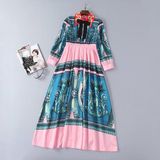 Printed Pure Silk Fabrics Fashion Lapel Bow Dress Customized