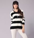 Ladies Fashion Acrylic Knitted Black/White Striped Sweater (YKY2018)