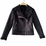 Black Suede Moto Biker Jacket Coat Bonded with Sherpa