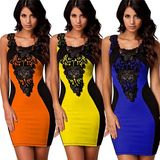 2015 Women Knee-Length Contrast Color Splice Lace Bodycon Pencil Dress