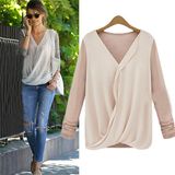 Women Casual Long Sleeve Stitching V-Neck Chiffon Blouse Tops (50205)