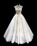 Aolanes High Neck Gold Lace Appliques Keyhole Wedding Dress