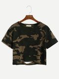 Fashion Girls Customized Camo Print Distressed Crop Tee 2017