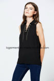 New Arrival Lapel Collar Sleeveless Vest Eyelet Fashionable Images of Black Chiffon Ladies Tops Latest Design