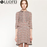 Women Floral Tiny Print Half Sleeve Pleat Dress with Lace Trims
