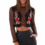 Fashion Women Mesh Embroidery Hollw See-Through Short Top Blouse