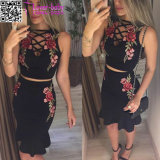 Black Floral Embroidered Sleeveless Sexy Two Piece Bodycon Dress L28226