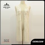 Women Metallic Bead Fringe White Crochet Cardigan Beachwear