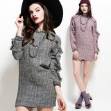 Fashion Women Ruffled Wool Blend Tweed Winter Dress