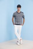 Summer Round Neck Jacquard Button Shoulder Knit Short Sleeve Men Sweater