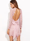 New Fashion Pink Bow Tie Open Back Embroidered Lace Dress Wholesale