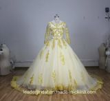 Gold Lace Bridal Ball Gown Tulle Muslim Long Sleeves Wedding Dress A185