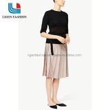 Lady Round Neck Black Long Sleeve Knit Jumper with Lurex