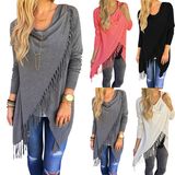 Women's Long Sleeve Pure Color Tassel Slash Blouse Tops Shirt