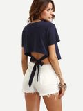 2018 Hot Sale Navy Blue Women Self Tie Asymmetrical Trim Crop Tops