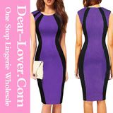 Curve-Flattering Patchwork Black Purple MIDI Dress