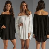 Fashion Long Sleeve Word Shoulder Loose Chiffon Dress White /Black