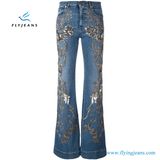 New Design Women Blue Cotton Blend Metallic Detailing Flared Denim Jeans