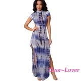 Open Back Blue Tie Dye Print Cheongsam Maxi Dress