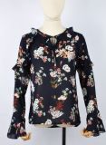 Fashion Breathable Chiffon Blouses for Women Deep V Neck Floral Printed Flare Sleeve Blouse