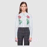 Fresh Flowers Embroidered with Ruffled Cotton Shirt Blouse of Two Colors